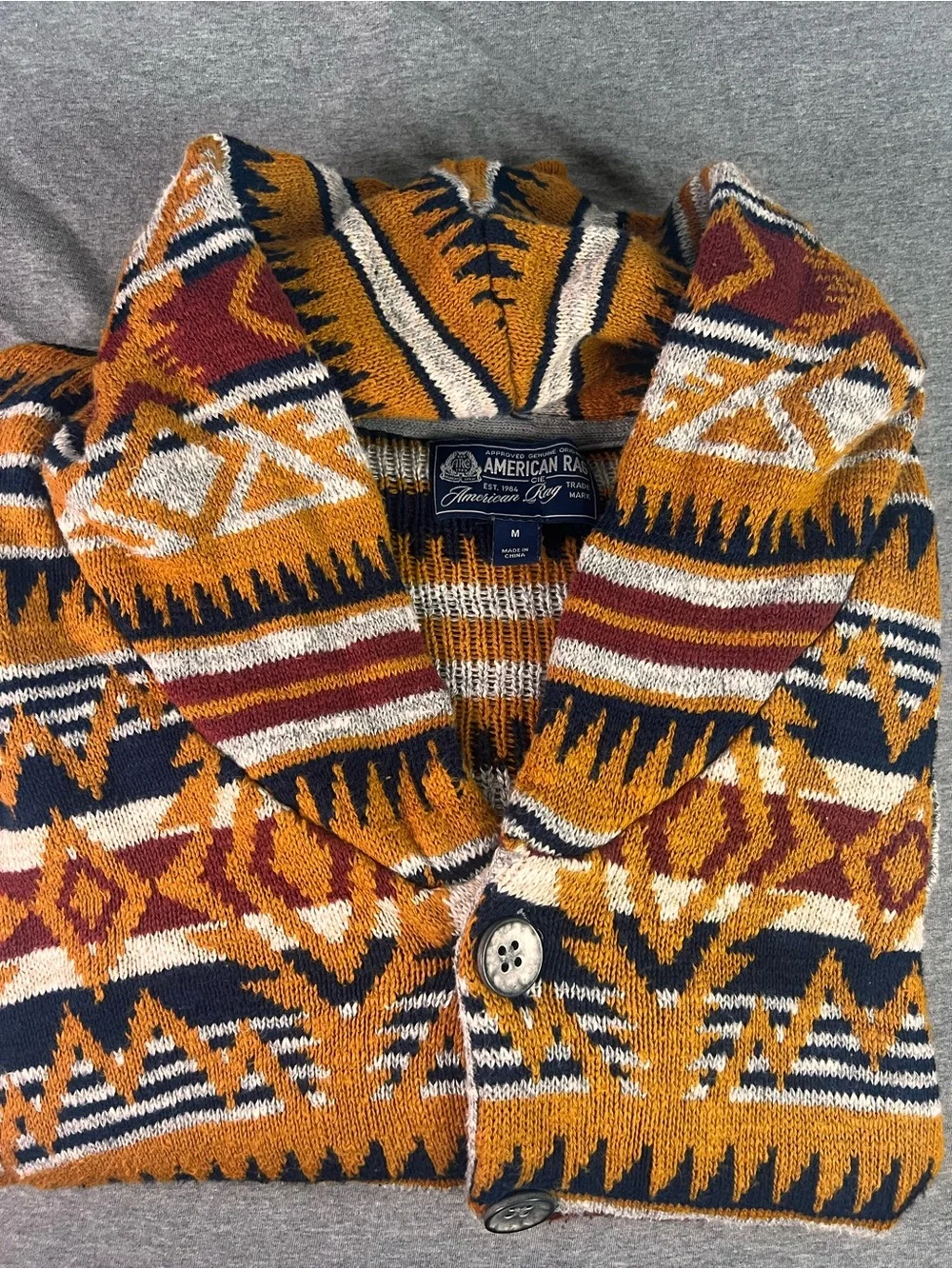 American Rag Striped Knit Cardigan in Mustard, Navy & Cream